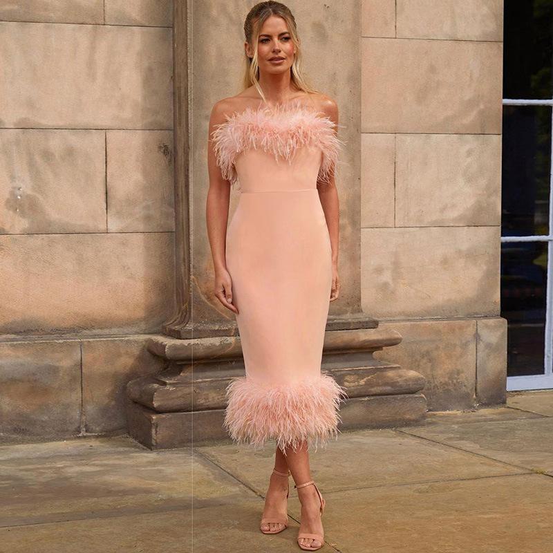 Personality Sleeveless Bodycon Dress with Side Slit and Fur Details Skirt Slim-fit Bag Hip Fluffy Pencil Skirt Dress Dress Skirt Bridesmaid Skirt