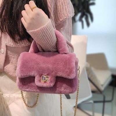 Bolsa de Lã com Pelo Real Integrado Bolsa de Pelúcia Bolsa de Mão Feminina Bolsa Transversal com Corrente Pequena Bolsa de Mão Perfumada