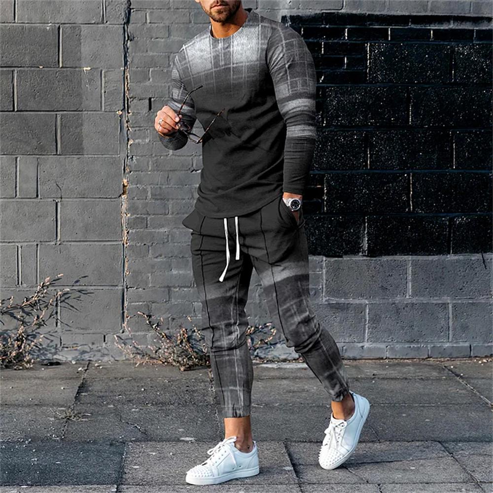 2024 Men High Quality Long Sleeve Set For Man Fashion Summer Design Printed T-Shirt Long Pants 2Pcs Outfit Clothing Sport Suit