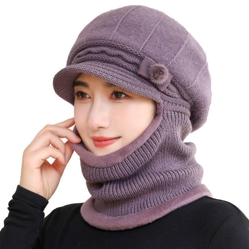 Women's Winter Knitted Wool Hat & Scarf Set with Fleece Lining, Thick and Warm for Middle-Aged & Elderly, Ideal for Cycling and Cold Protection.