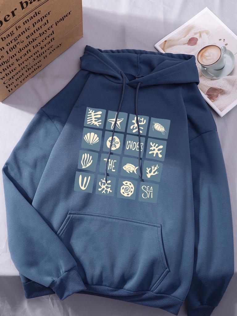 Under The Sea Printing Hoodie Womens Comfortable Loose Pullovers Basics Sporty Sweatshirts Winter Fleece Warm Woman Sportswear