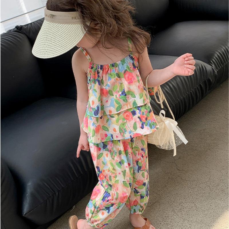 Kinder Kleidung Floral Ärmellose Hosenträger Lose Tops + Geerntete Hose Kinder Atmungsaktive Sport Casaul Outfit Zwei Stücke Set