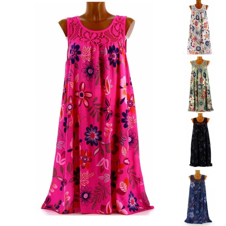 Fashion Women Lace Print Pleated Swing Dress Casual Sleeveless Vest Tank Top
