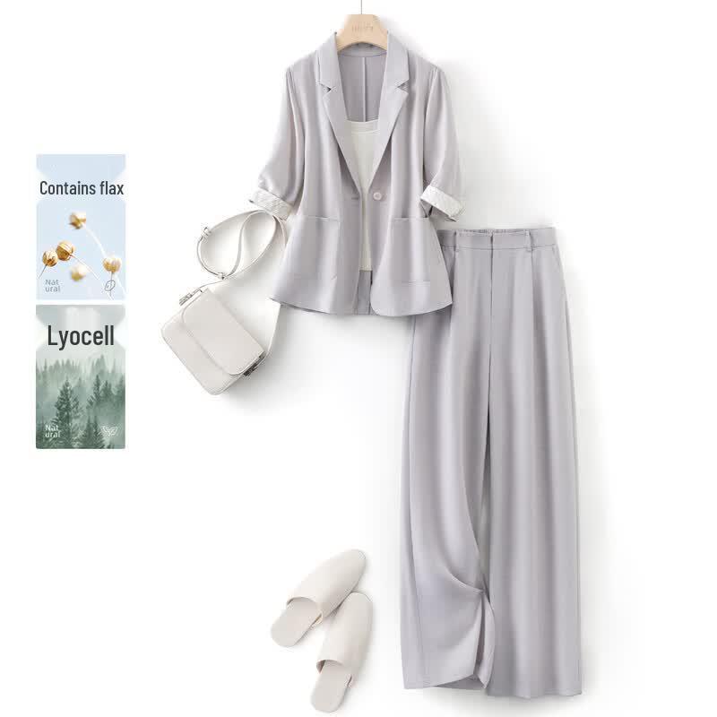 IHIMI Lyocell Linen Striped Cuff Suit Set L