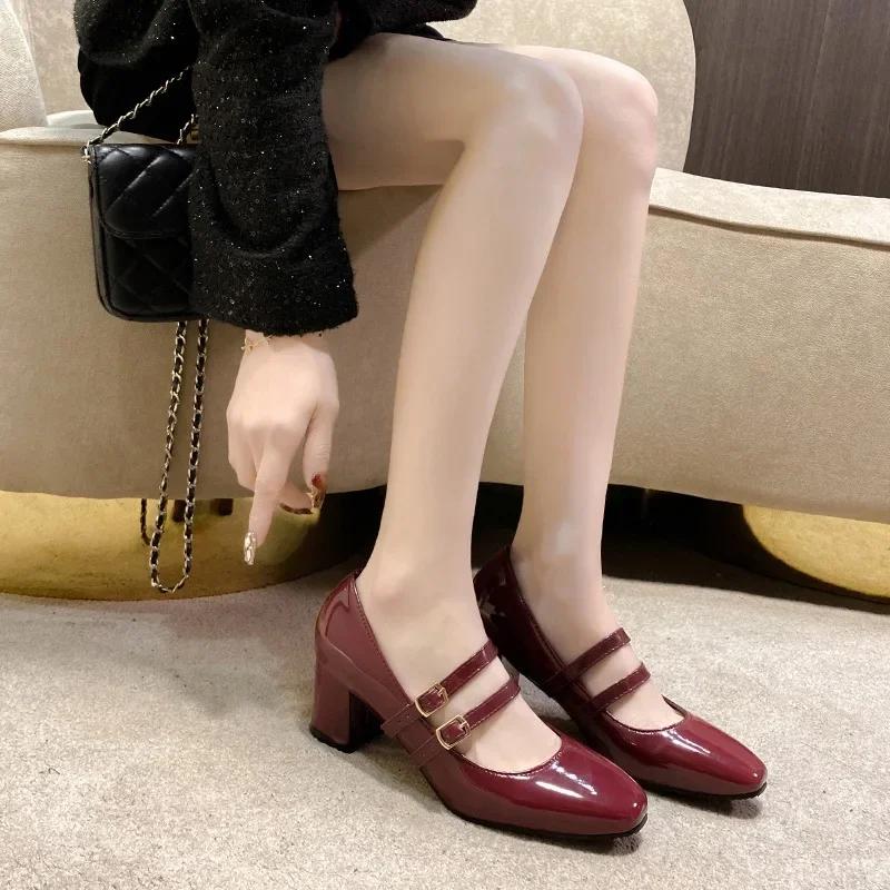 Fashion 2025 Spring Autumn Women Double Buckle Shoes Leather Square Head Square Heel Solid Color Women's Shoes