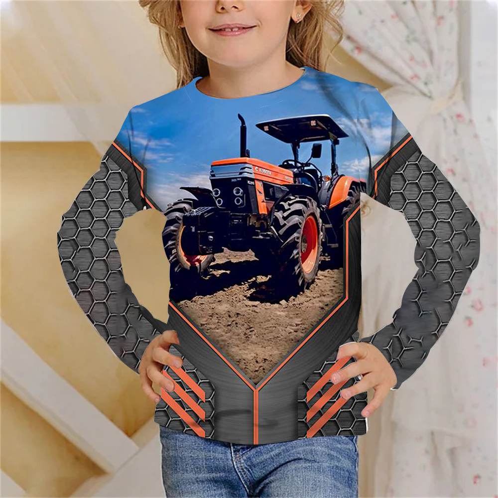 Spring and Autumn Round Neck Truck Tractors 3D Printed Top Fashionable Casual Long Sleeved Children's Girl T-shirts