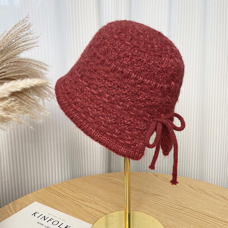 

Knitted fisherman s hat children s winter bow warm ear protection bucket hat high-grade face small wool hat 56-59CM