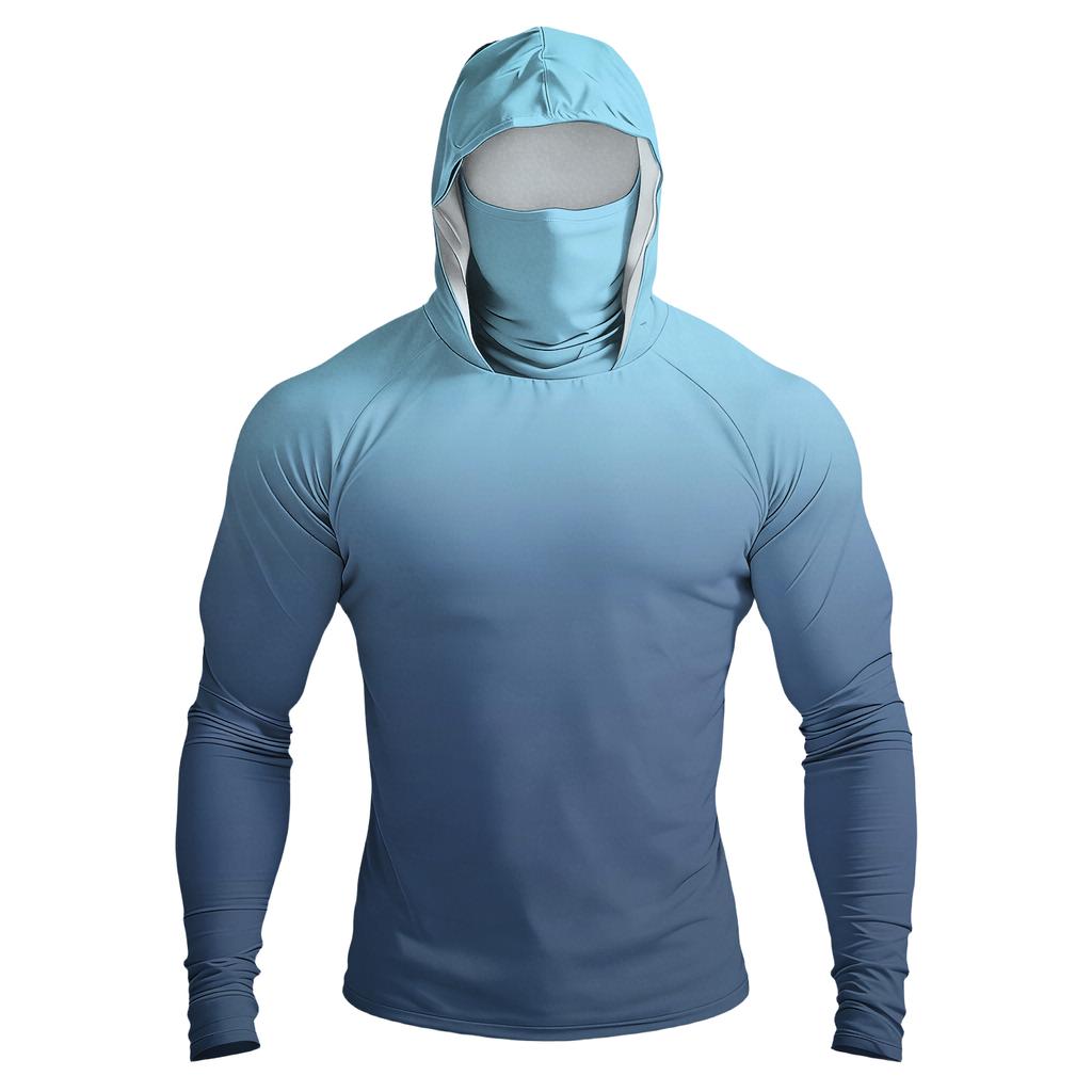 Men Raglan Sleeve Gradient Hooded Long Sleeve Sun Shirt Lightweight Pullover with Thumb Holes for Outdoor Activities
