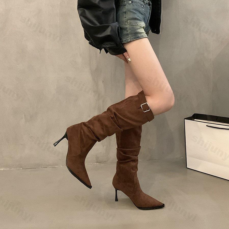 Pleated Faux Suede Knee-High Boots Women Fashion Buckle Pointed Slip-On Western Cowboy Boots Woman Thin Heels Long Botas Mujer