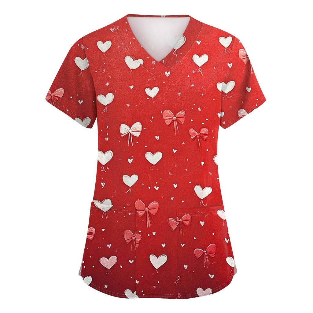 Women's Fashion V-Neck Short-Sleeved Workwear With Pockets Valentine's Day Printed Top Caregiver Uniform