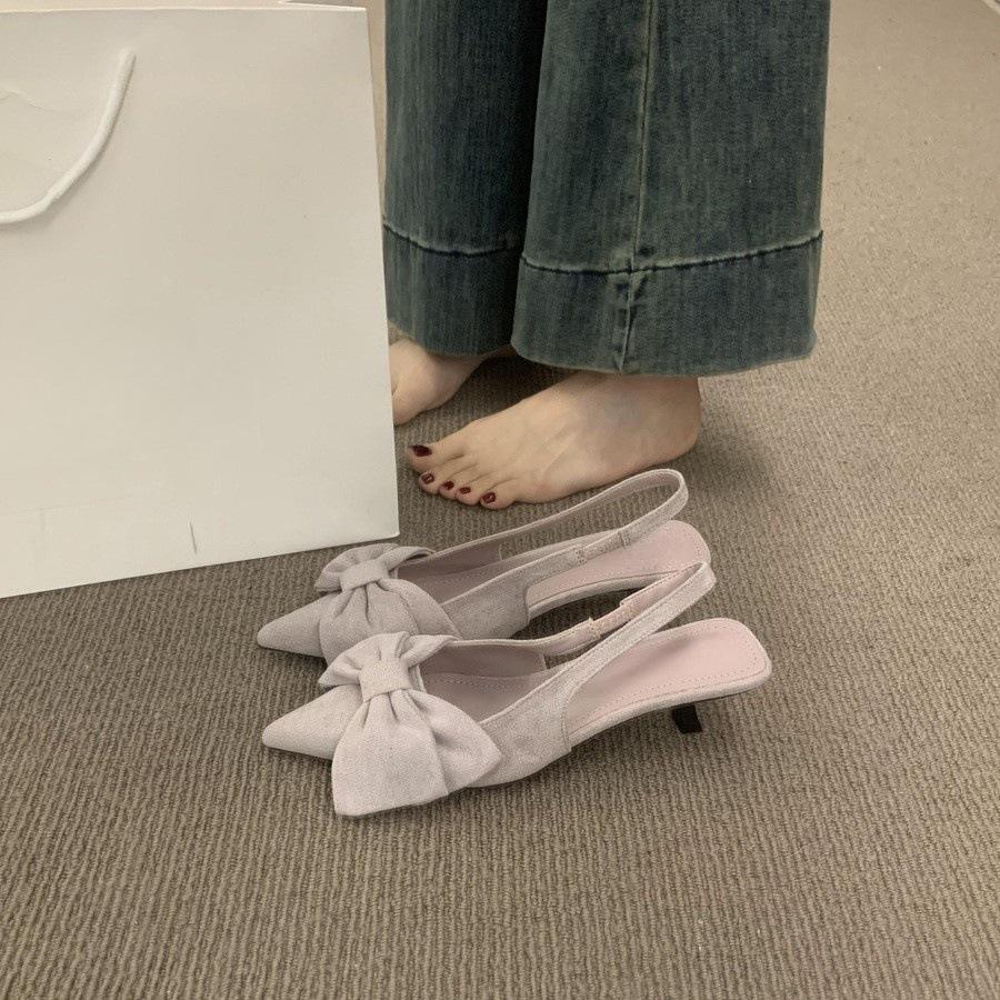 Suede Big Bow Bag Head Sandals Women's Shoes Kitten Heel Empty Pointed Head Beautiful Single Shoes Women