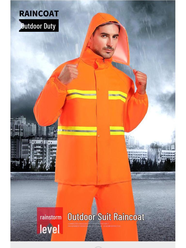 Men's Orange Raincoat & Pants Set with Reflective Strips for Construction and Cleaning
