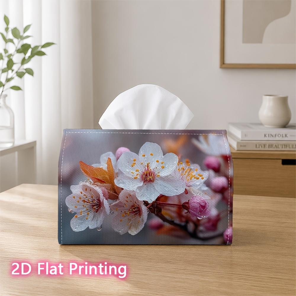 1pc 2D Flat Printed 17.78X10.92X12.95 Cm Tissue Box White Pink Plum Blossom Twig with Buds Suitable for Home, Office, Vehicle, And Party Settings CC60