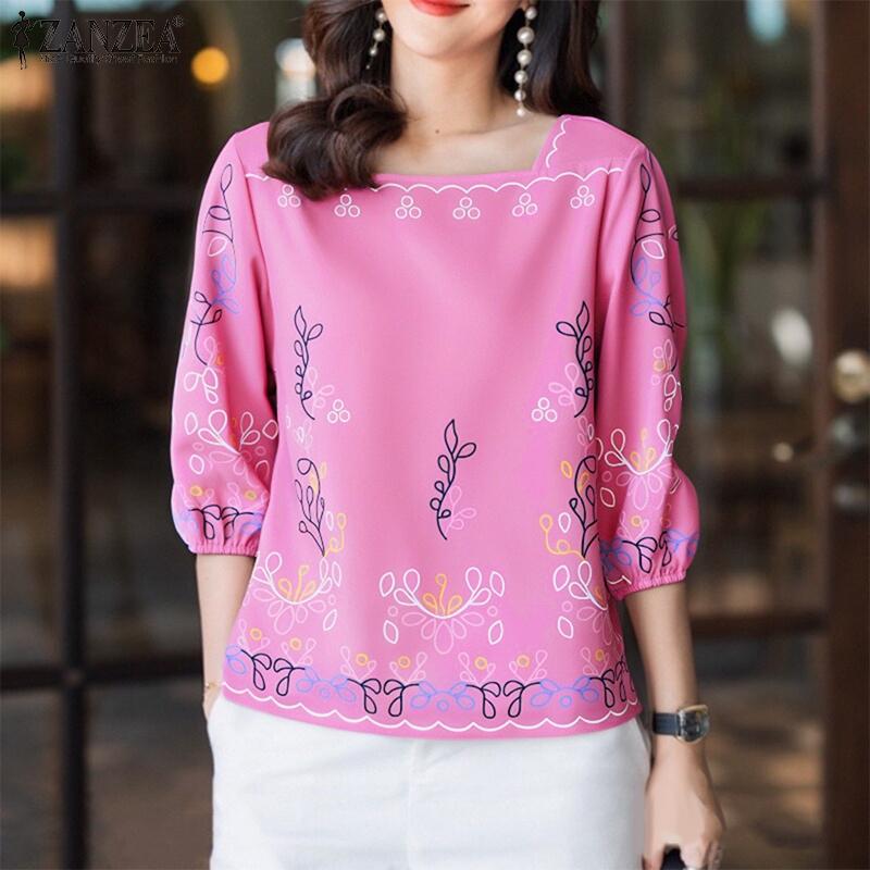 

ZANZEA Women Casual Round Neck 3/4 Sleeve Loose Print Blouse 5XL рожевий