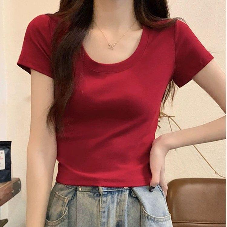 Dámské bavlněné tričko slim fit s kulatým výstřihem - Jednobarevné, s krátkým rukávem, zakrývající maso, ideální na léto