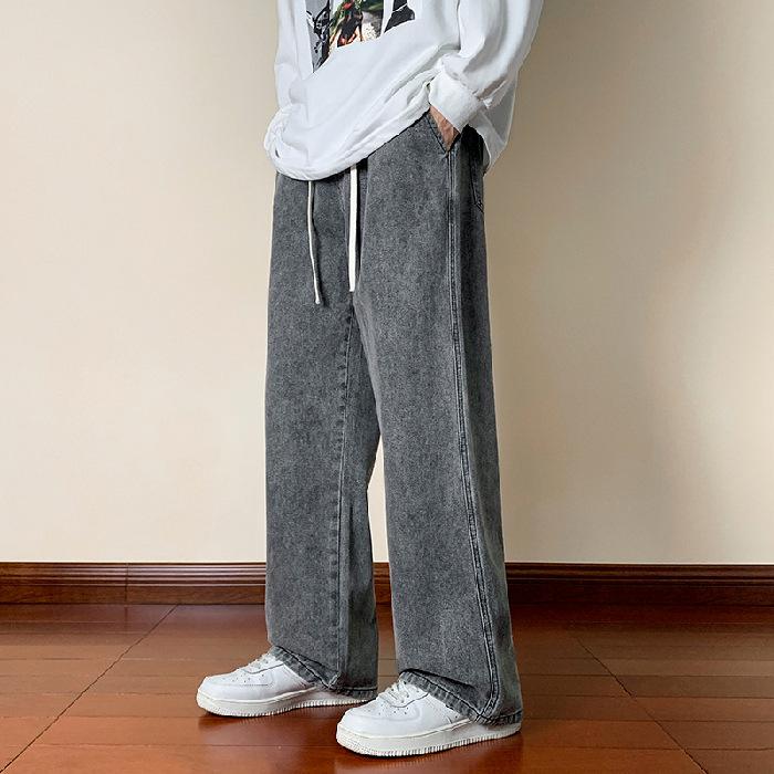 Four Seasons Streetwear Loose Jeans Men Korean Style Fashion Loose Straight Wide Leg Pants Men's Brand Clothing Black Light Blue