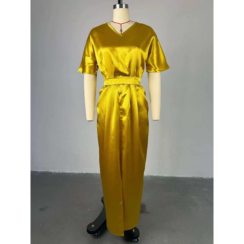 

Western Style New Elegant V-neck Dress Split Slim fit Long dress V-Neck Lace up Slit Dress Yellow S