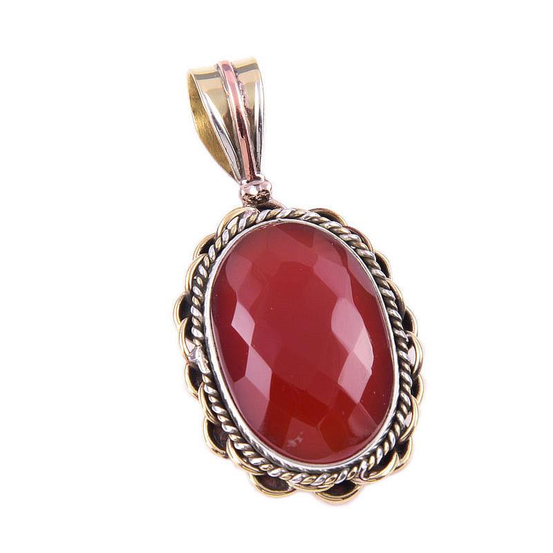 Natural Carnelian Gemstone 925 Solid Sterling Silver Two Tone Pendant 1.50" H3R62