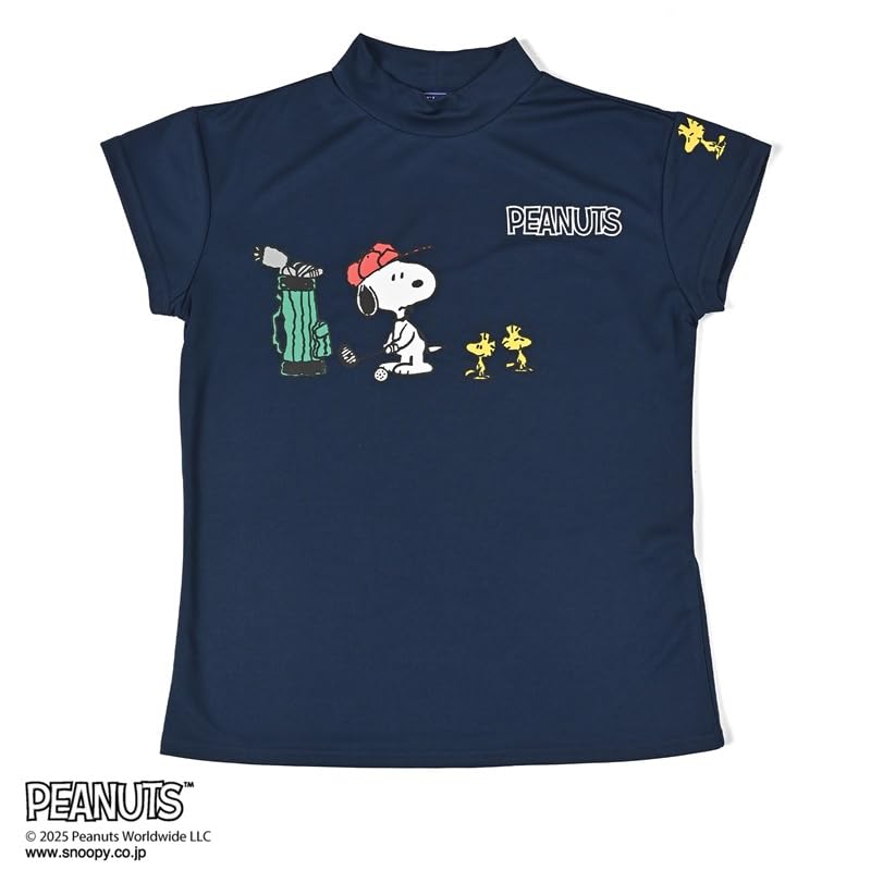 DELSOL X PEANUTS Snoopy Collaboration Short Sleeve Mock Neck Shirt (JP, Alphabet, M, NAVY)