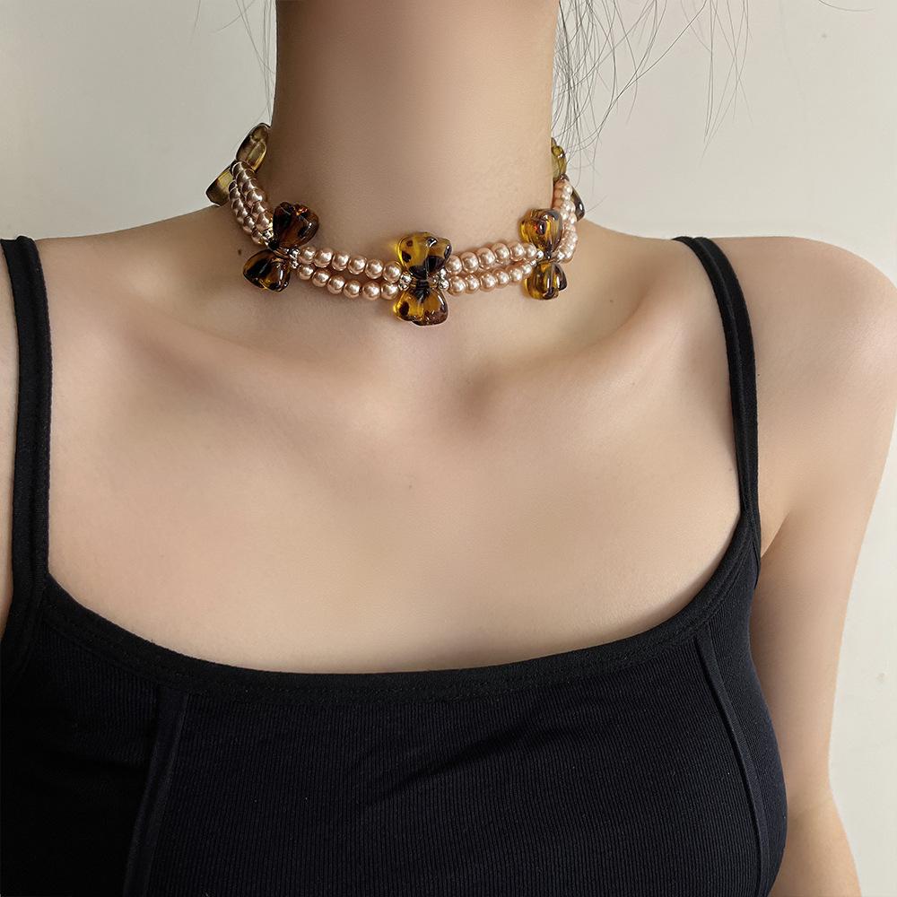 Leopard Print Bow Double Layered Necklace Imitation Pearl Resin Bow Hottie Y2K Retro Design Collarbone Chain Women's Jewelry
