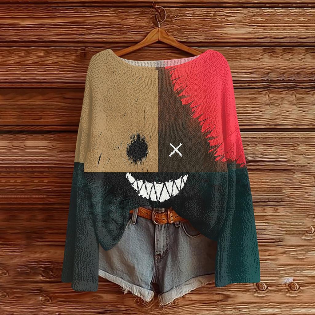 Women's Long Sleeve Halloween Print Crewneck Knit Pullover Sweater for Casual Daily Wear