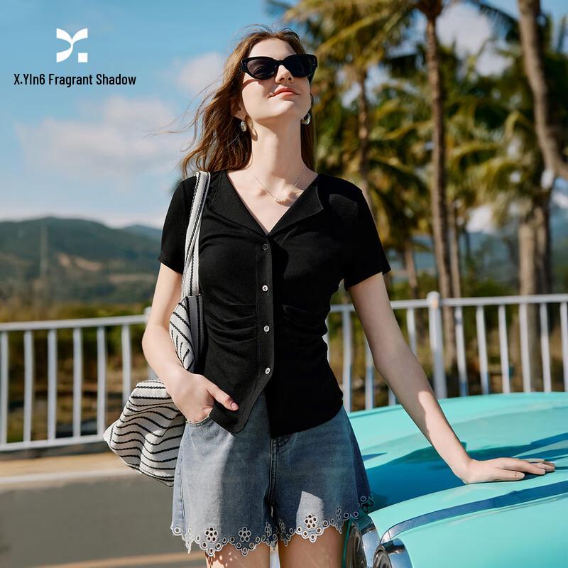 Xiangying Women s Elegant V-Neck Pleated Slim T-Shirt M