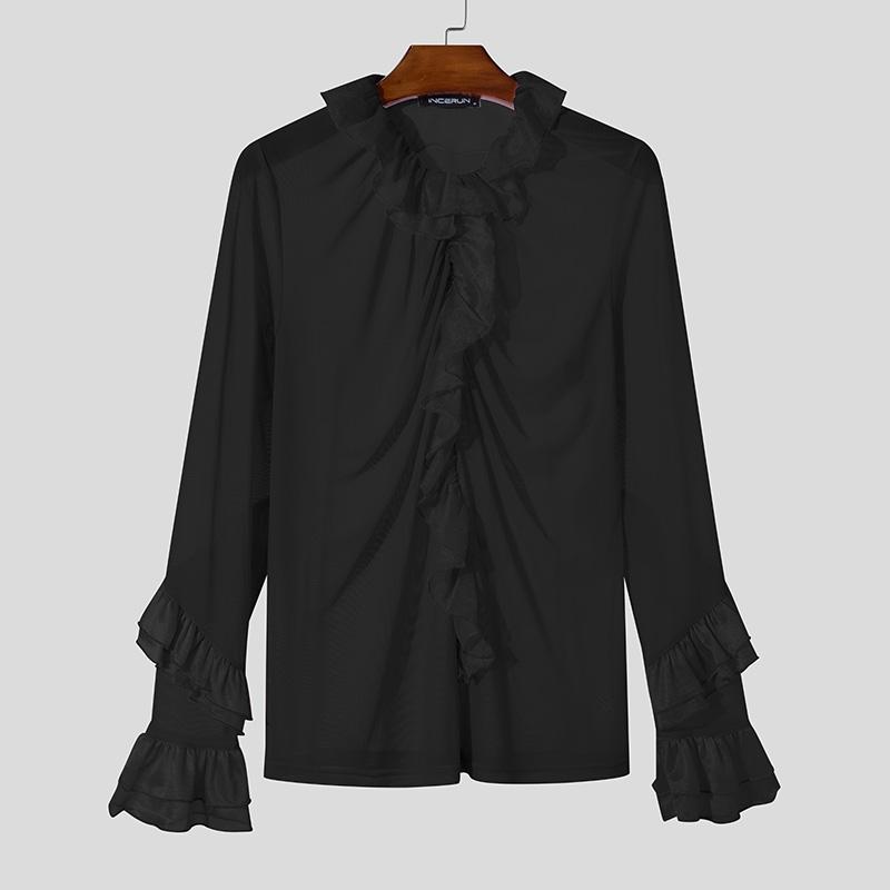 INCERUN Men Long Sleeve Ruffled Hem See Through Tops Party Mesh Shirts