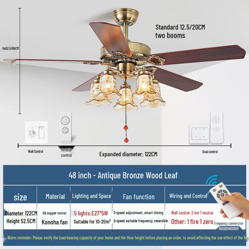 Mid-Century European Retro Ceiling Fan Light with Iron Blades - Variable Frequency High Airflow for Living Rooms or Restaurants.