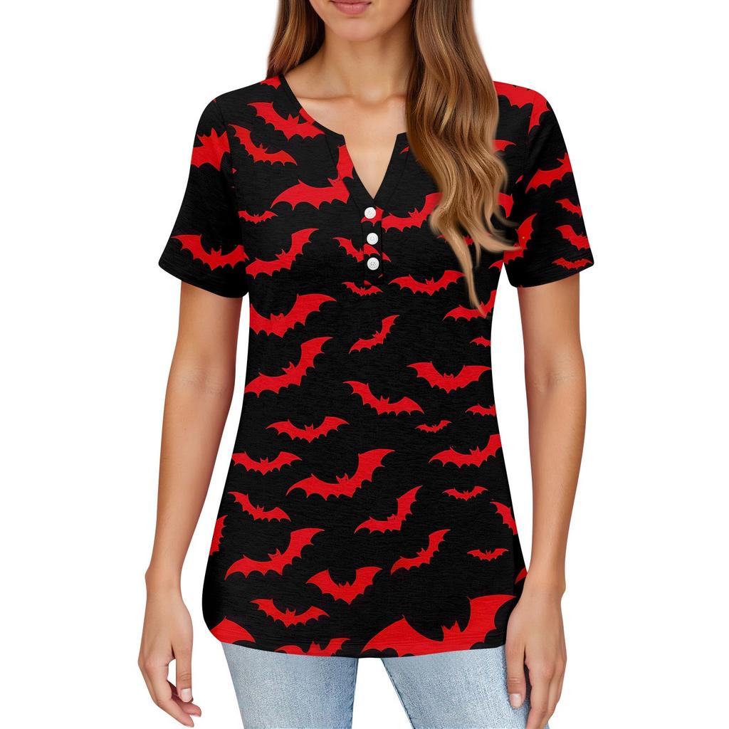 Women's T Shirt Halloween Print Button Short Sleeve Daily Weekend Fashion Basic V- Neck Regular Top