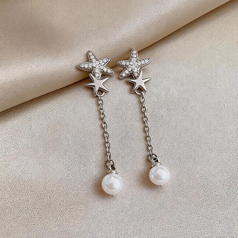 New Elegent Rhinestone Star Zircon Earrings for Women Long Tassel Chain Round Pearl Drop Earrings Luxury Shiny Y2K Jewelry Gifts