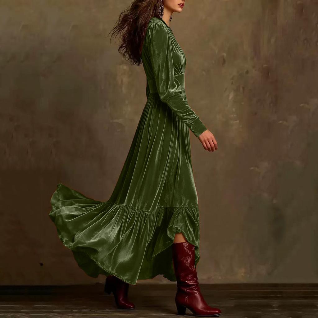 Damen Plissiertes V-Ausschnitt Fließendes Langarm A-Linien Samtkleid mit Gürtel, Französisches Retro Rüschen Swingkleid