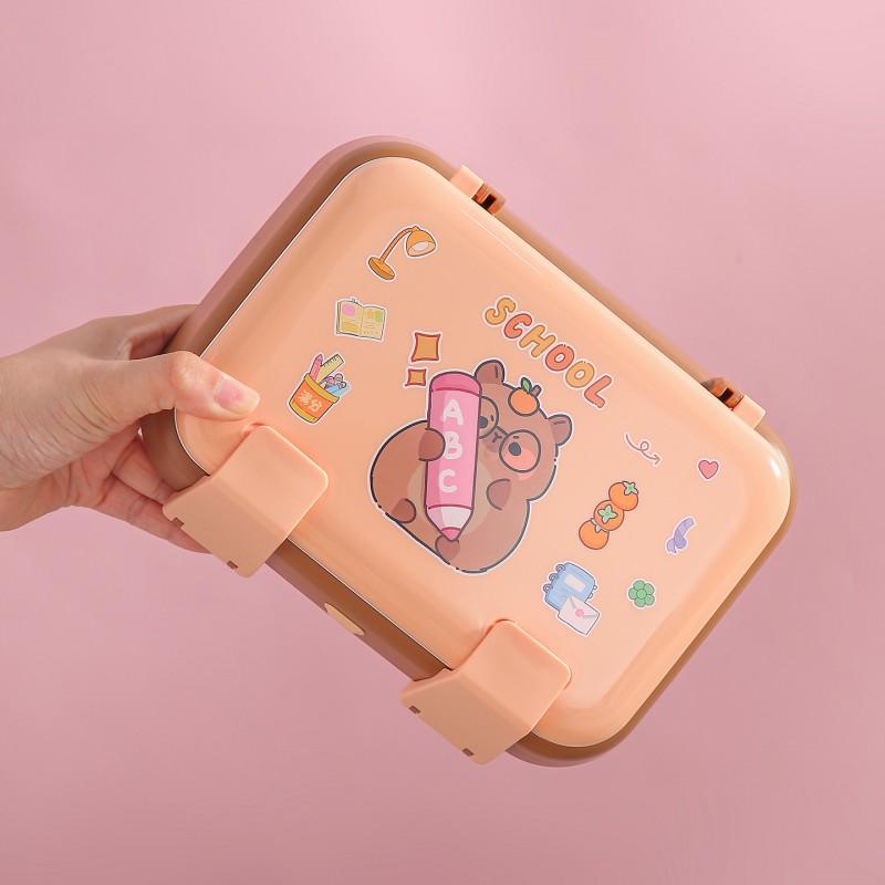Kids Cartoon Double-Layer Bento Box Microwave-Safe Lunch Container With Utensils Portable Food Storage
