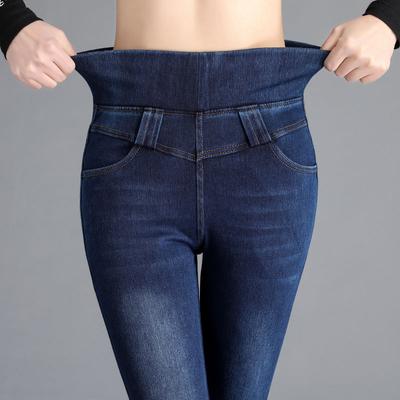 Plusstorlek Högmidjade Jeans För Kvinnor Höst Slim Stretch Denim Blyertsbyxor Tofsbälte Skinny Push Up Tvättade Jeans Dam Byxor