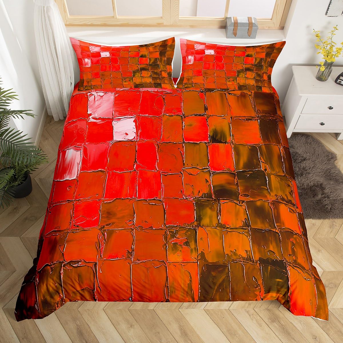 

Abstract Squares Duvet Cover Geometric Checkerboard Patchwork Bedding Set Oil Paint Tie-dye Comforter CoverGreen Quilt Cover EU Single(135x200cm)