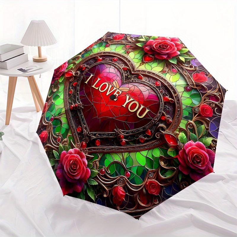 Stained Glass Heart with Roses - 'I Love You' Decorative Panel Umbrella, Christmas Gift Y116