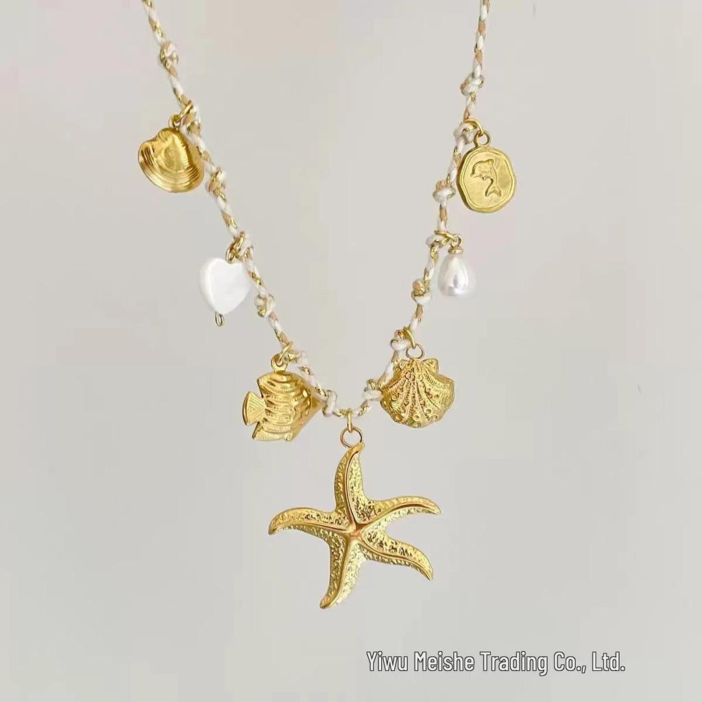 Conjunto de Pulsera y Collar Estilo Océano con Conchas y Estrellas Marinas de Acero Inoxidable