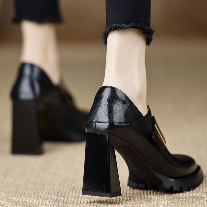 Fashion Spring New Coarse Heel Shoes Women's Fashion Pointed Side Zipper Metal Buckle Anti-slip Wear-resistant High Heels