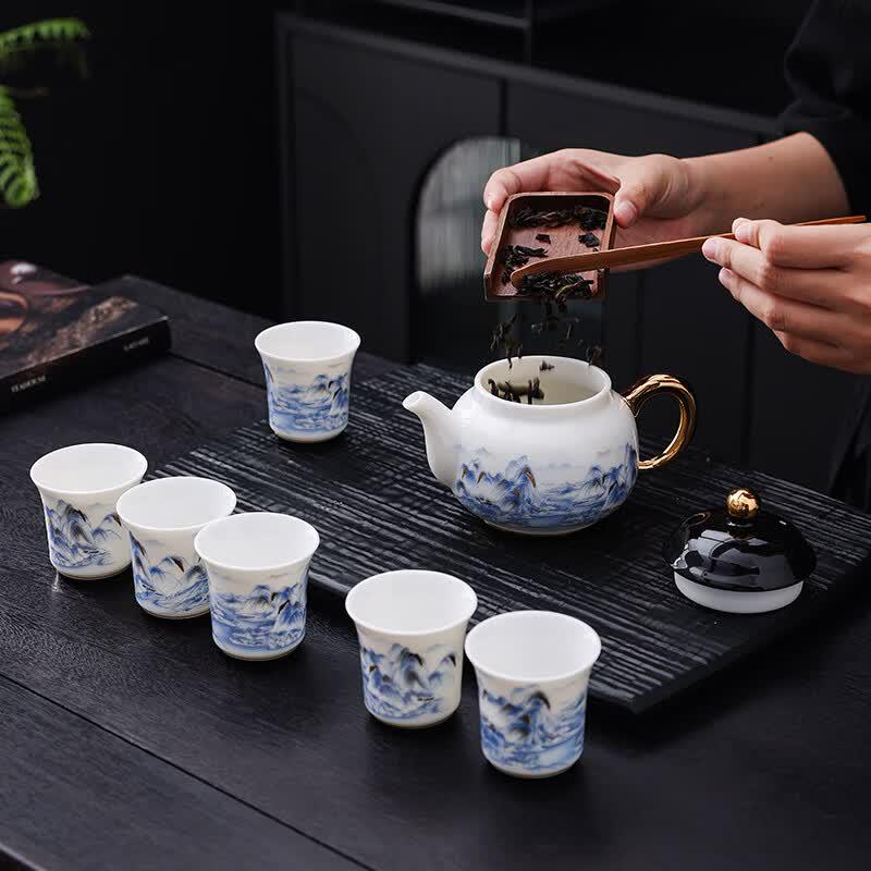 Tang Hui Shanhe Gilded Jade Porcelain Chinese Tea Set