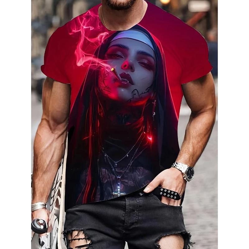 Męska Koszulka z Graficznym Motywem 3D Palącej Zakonnicy Czarna Codzienna Letnia Koszulka Krótki Rękaw Poliester Koszulki Streetwear Vintage Odzież