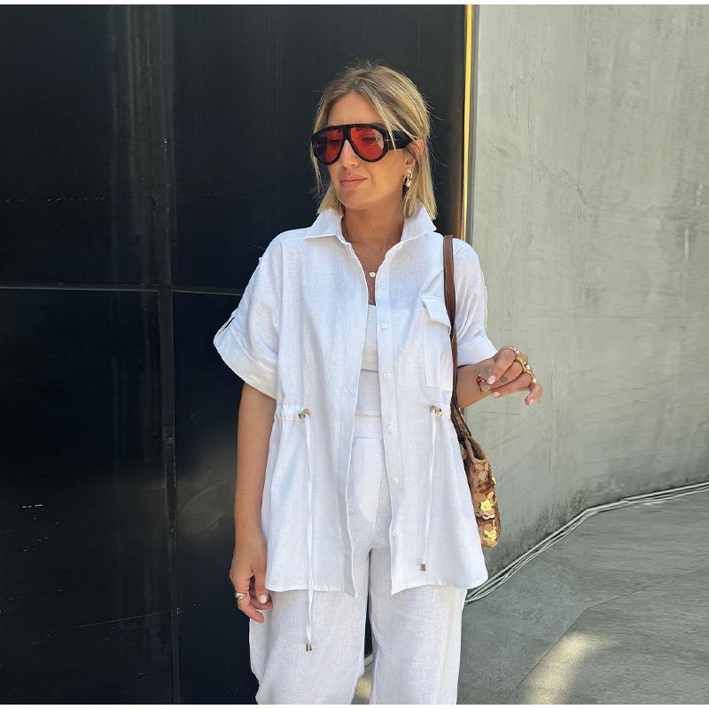 Set de damă cu șort cu șnur și mânecă scurtă, culoare uni, pantaloni lungi, cu trei culori la alegere, cu talie marcată, stil casual, vară, set nou pentru femei