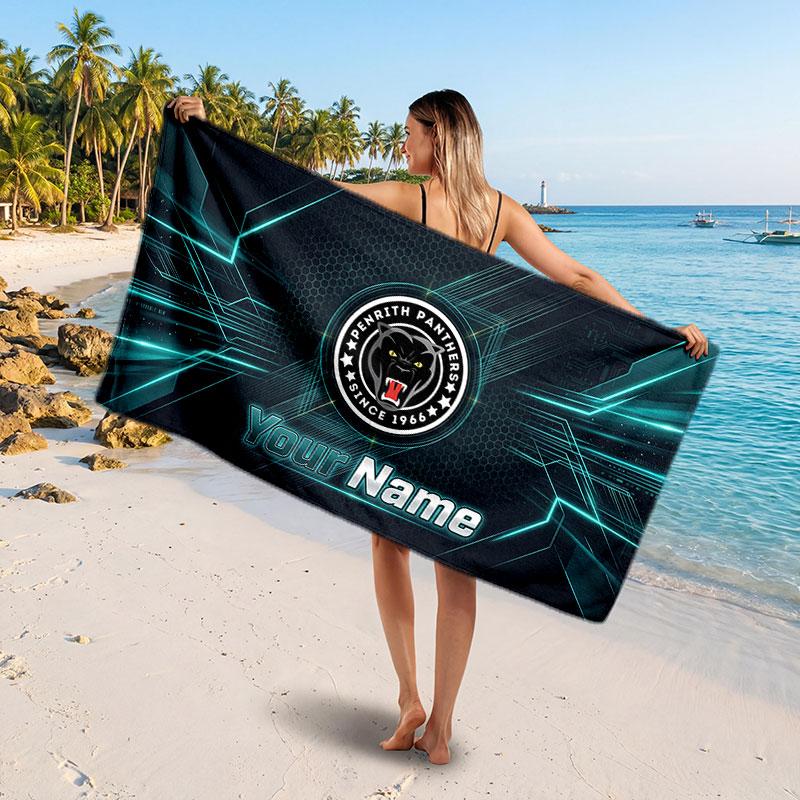 Penrith Panthers Customized Name Text Beach Towel, Soft Absorbent Towel Beach Pool Travel Personal Gift