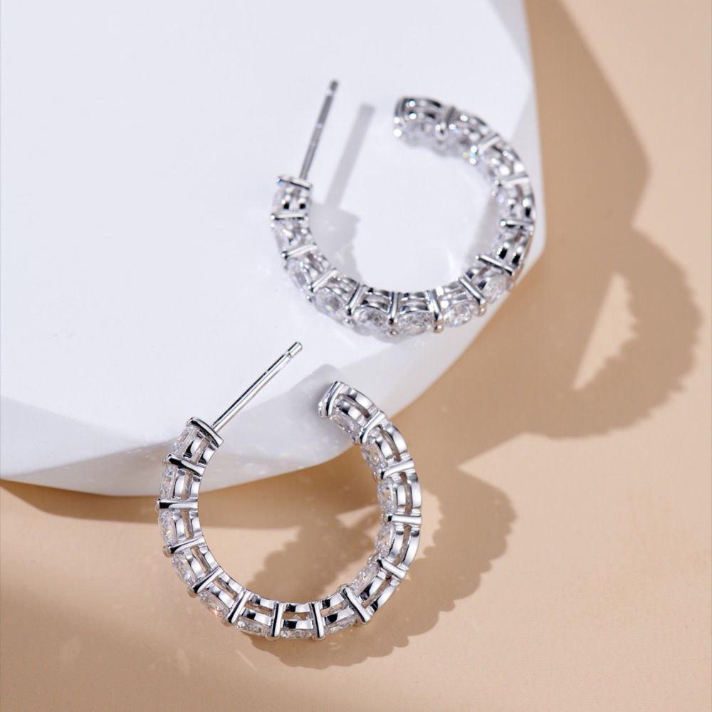 S925 Silver C-Shaped Stud Earrings: Shiny Pave-Set Fashion Luxury Round Hoops