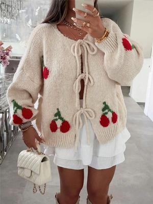 Fall Knit Oversized Casual Sweater Strawberry Cherry Style Tie-Up Cardigan Top