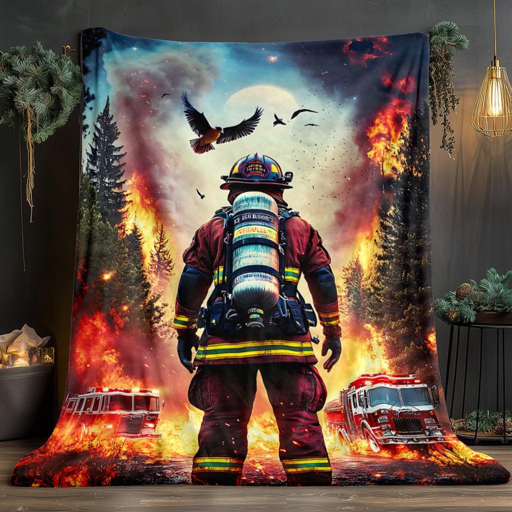 Firefighter forest pattern Flannel printed blanket suitable for all seasons suitable for living room office sofa and travel