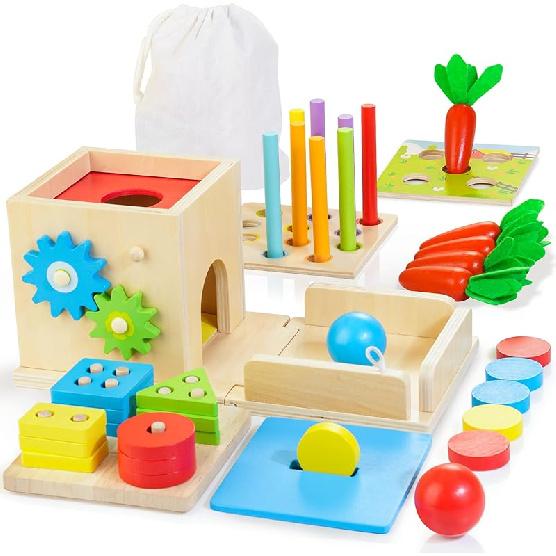 JUSTWOOD Montessori Toys for 1+ Year Old, 8-in-1 Wooden Play Kit Includes Object Permanent Box, Learning Activity Cube, Sorting & Stacking Toy, Montessori Cube