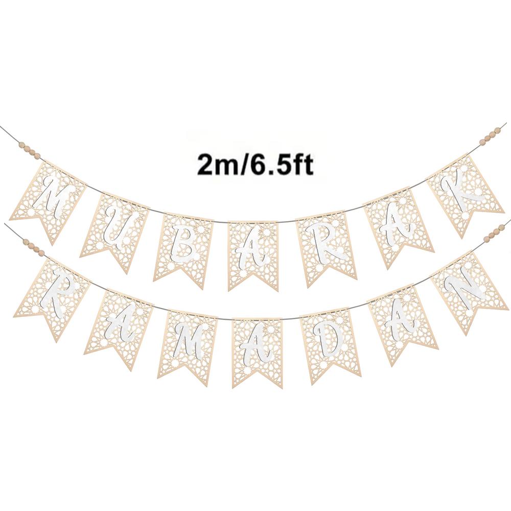 1pcs Eid Mubarak Hollow Wooden Banner Hanging Ornaments Islamic Muslim For Home Ramadan Decoration Festival Party Supplies