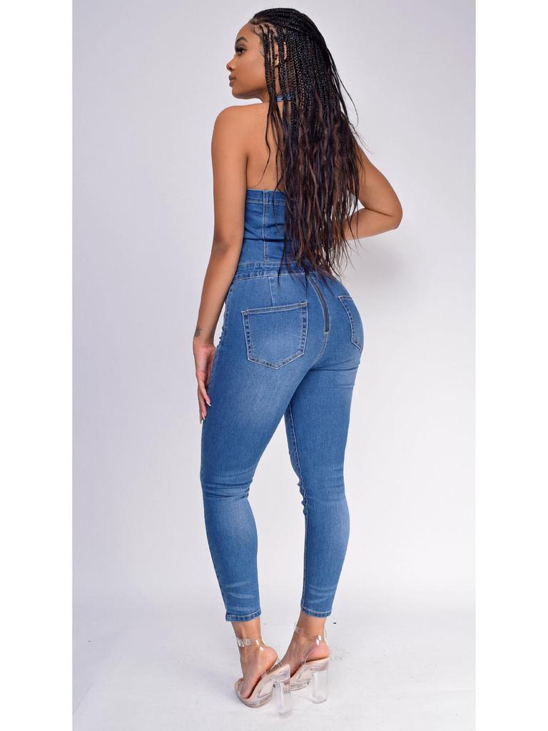 Europäischer und Amerikanischer Stil Schlankmachender Ärmelloser Neckholder Jumpsuit Jeans