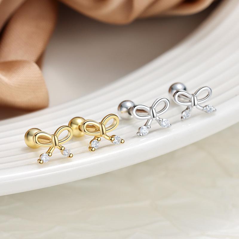 S925 Sterling Silver Inlaid Zircon Bow Screw Earrings Korean Simple Fashionable Sweet Temperament Earrings for Women