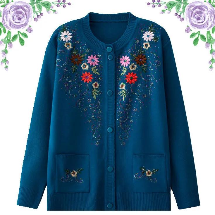 Female Spring and Autumn Single-breasted Sweater Coat Middle-aged and Elderly Embroidery Knit Cardigan Jacket