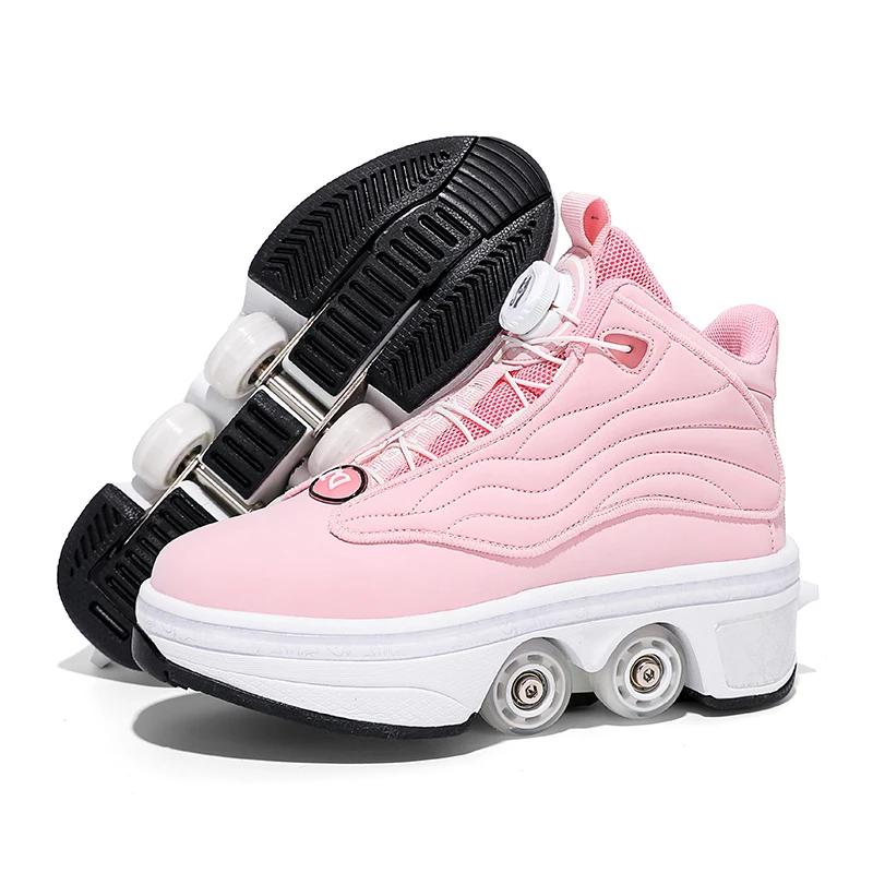Girls Pink Roller Skate Shoes Sneakers With Wheels Children Rollerskates Fashion Outdoor Sports Shoes Girls Gifts
